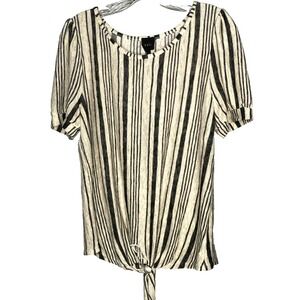 W5 Anthropologie Women's Top Size Large cream gray striped puff Sleeve front tie